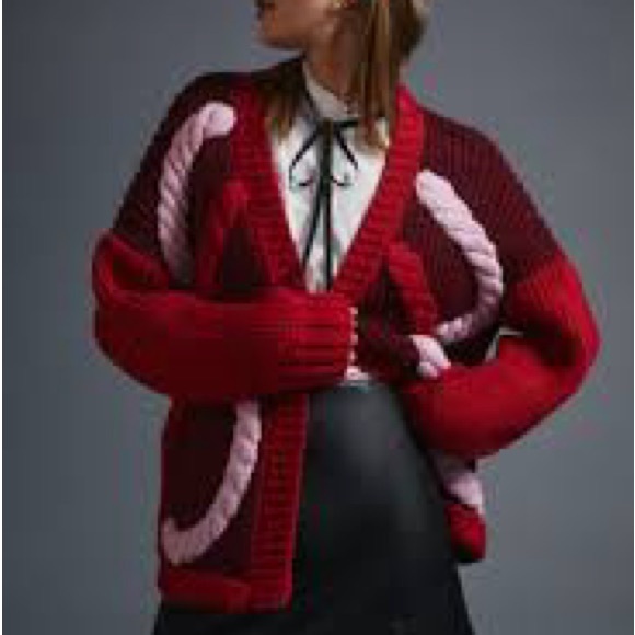 Maeve Sweaters - Maeve Red and Pink  Chunky Knit Cardigan
